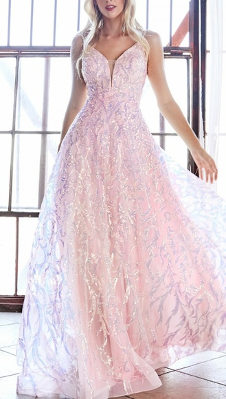 LAVENDER PINK OR BLUE PRINT FORMAL BALL GOWN - Picture 3 of 5